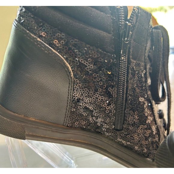 Women's Aldo Kaia Wedge Boot Size 8.5 Black Sequins Zip Side And Tie - Picture 7 of 10